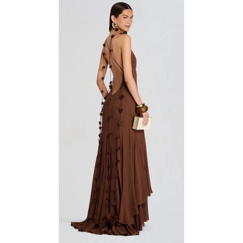 Retrofête $1298 DEENA CHIFFON DRESS Brown Silk Long Dress Backless Size Small